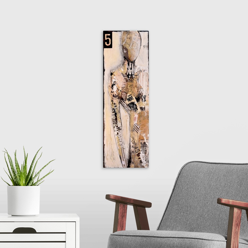 A modern room featuring Contemporary abstract painting of a figure in tan tones with a stenciled number in the corner.
