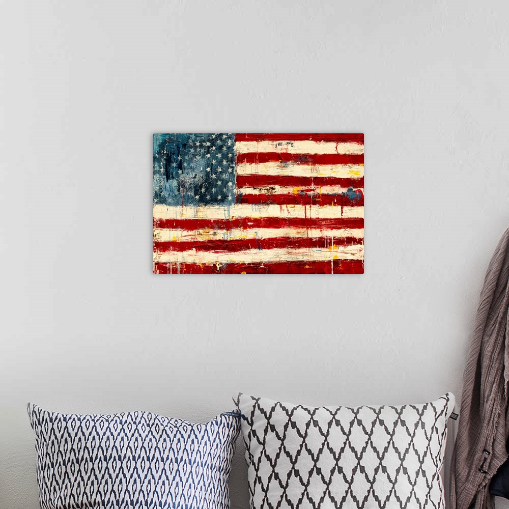 A bohemian room featuring US Flag