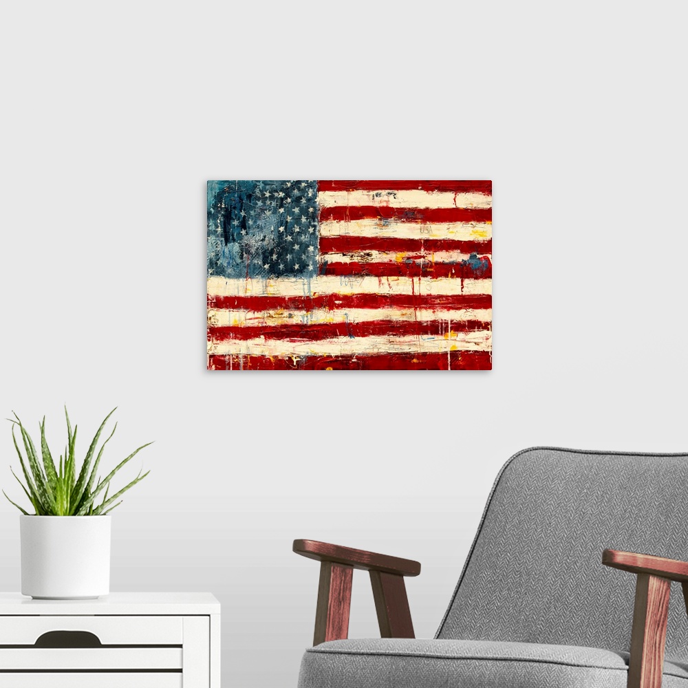 A modern room featuring US Flag