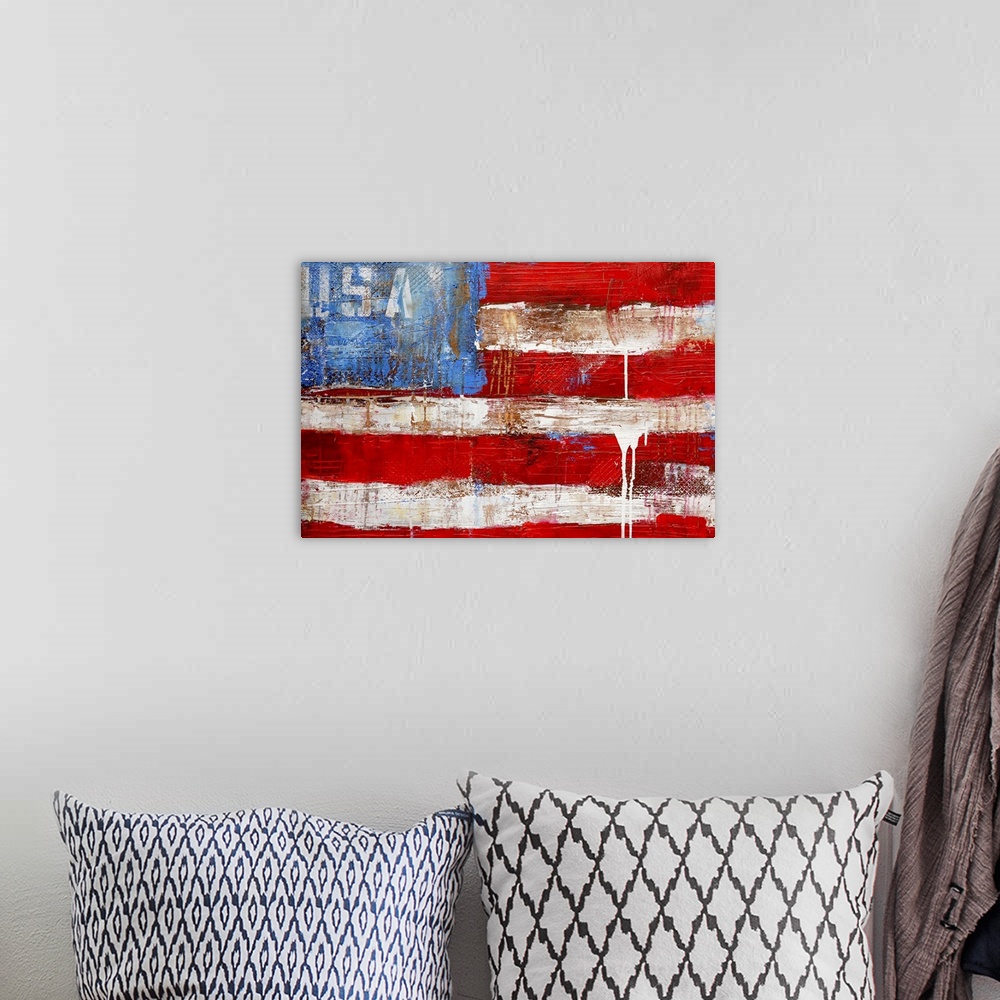 A bohemian room featuring A patriotic wall hanging, this is a Giclee print of a painting that is a simplified American flag...