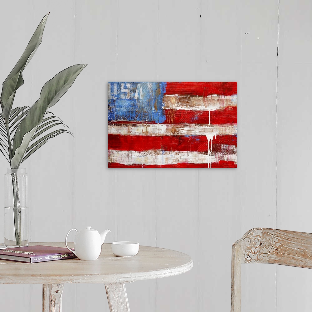 A farmhouse room featuring A patriotic wall hanging, this is a Giclee print of a painting that is a simplified American flag...