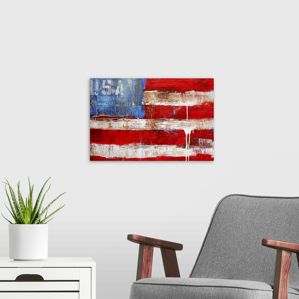 A modern room featuring A patriotic wall hanging, this is a Giclee print of a painting that is a simplified American flag...