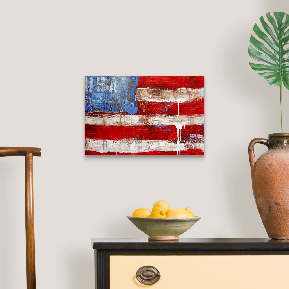 A traditional room featuring A patriotic wall hanging, this is a Giclee print of a painting that is a simplified American flag...