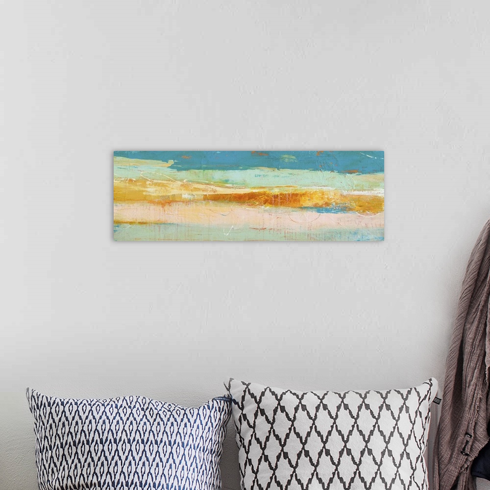 A bohemian room featuring Wide abstract painting created with shades of blue, gold, orange, and cream with a rugged feel an...