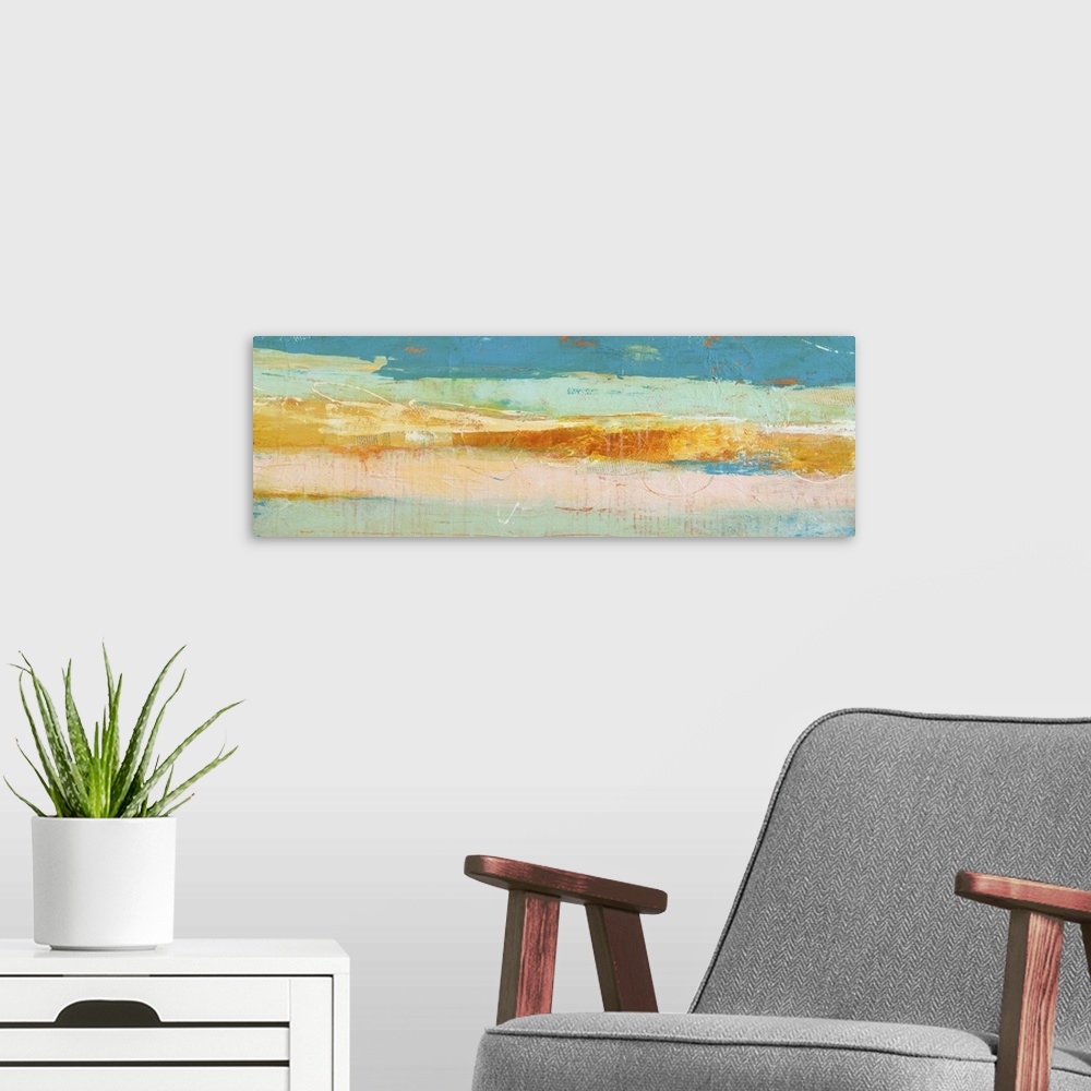 A modern room featuring Wide abstract painting created with shades of blue, gold, orange, and cream with a rugged feel an...