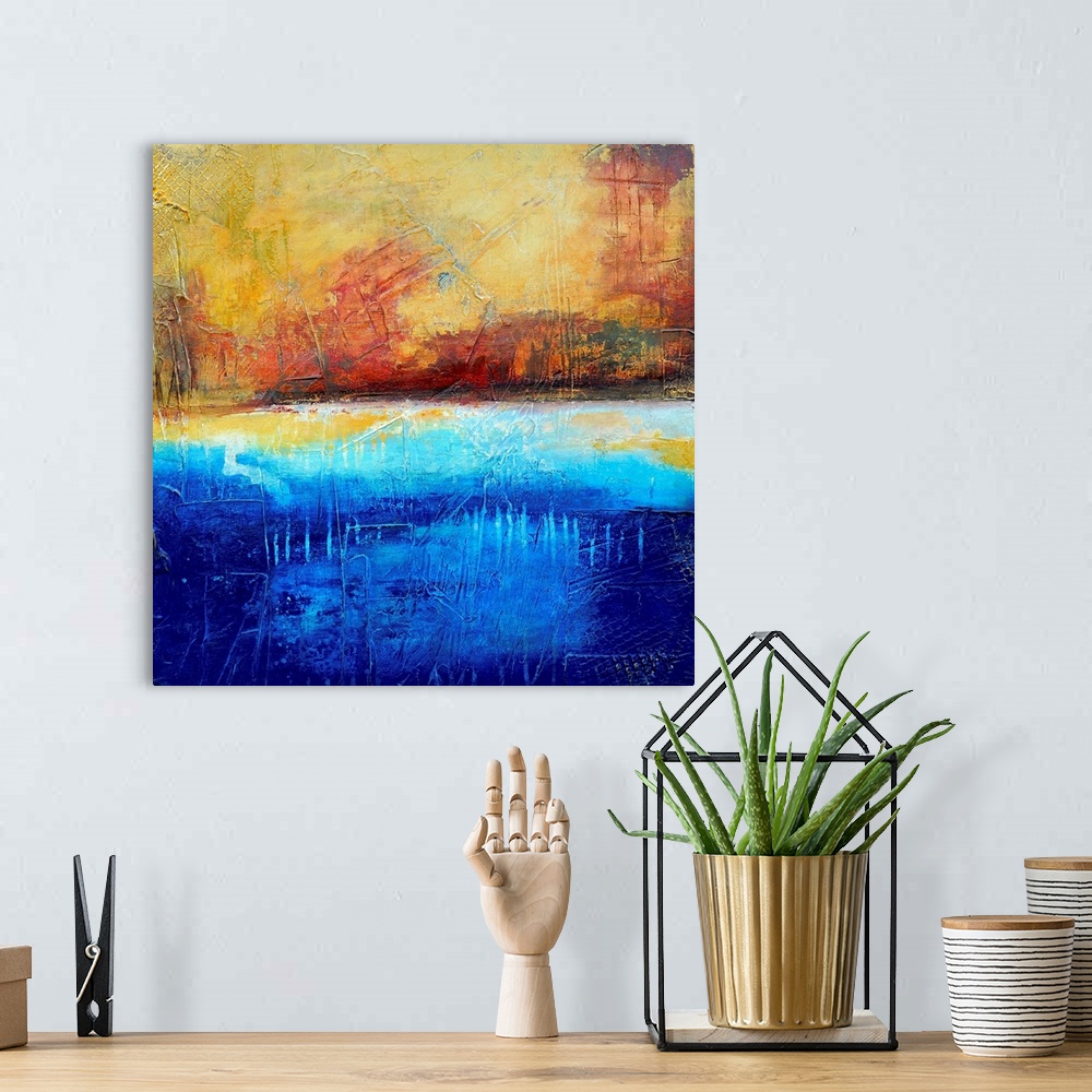 A bohemian room featuring Decorative home accent of a square abstract painting by a contemporary artist. The use of color a...