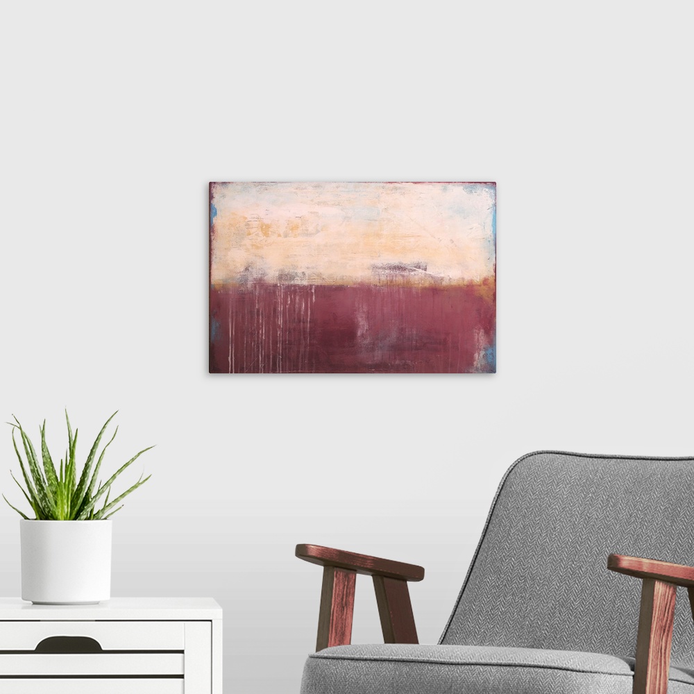 A modern room featuring Contemporary abstract painting using pale red and cream meeting each other in the center in the i...