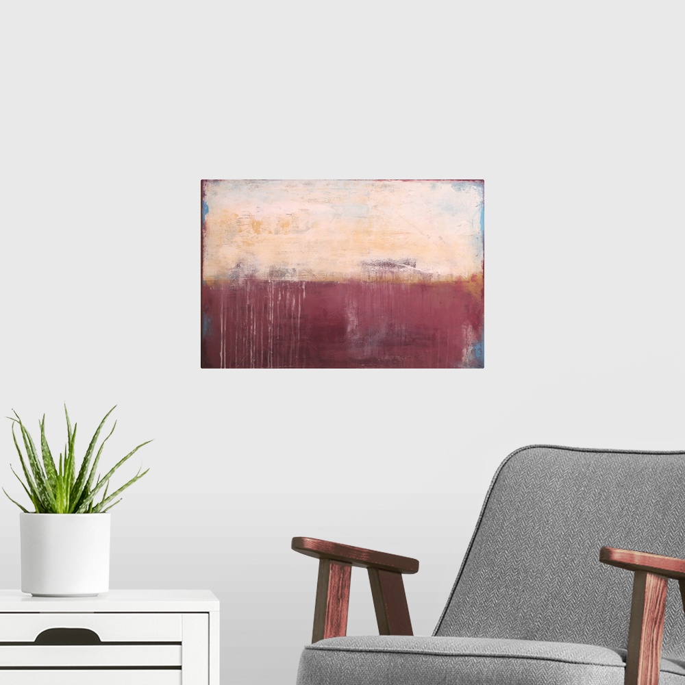 A modern room featuring Contemporary abstract painting using pale red and cream meeting each other in the center in the i...