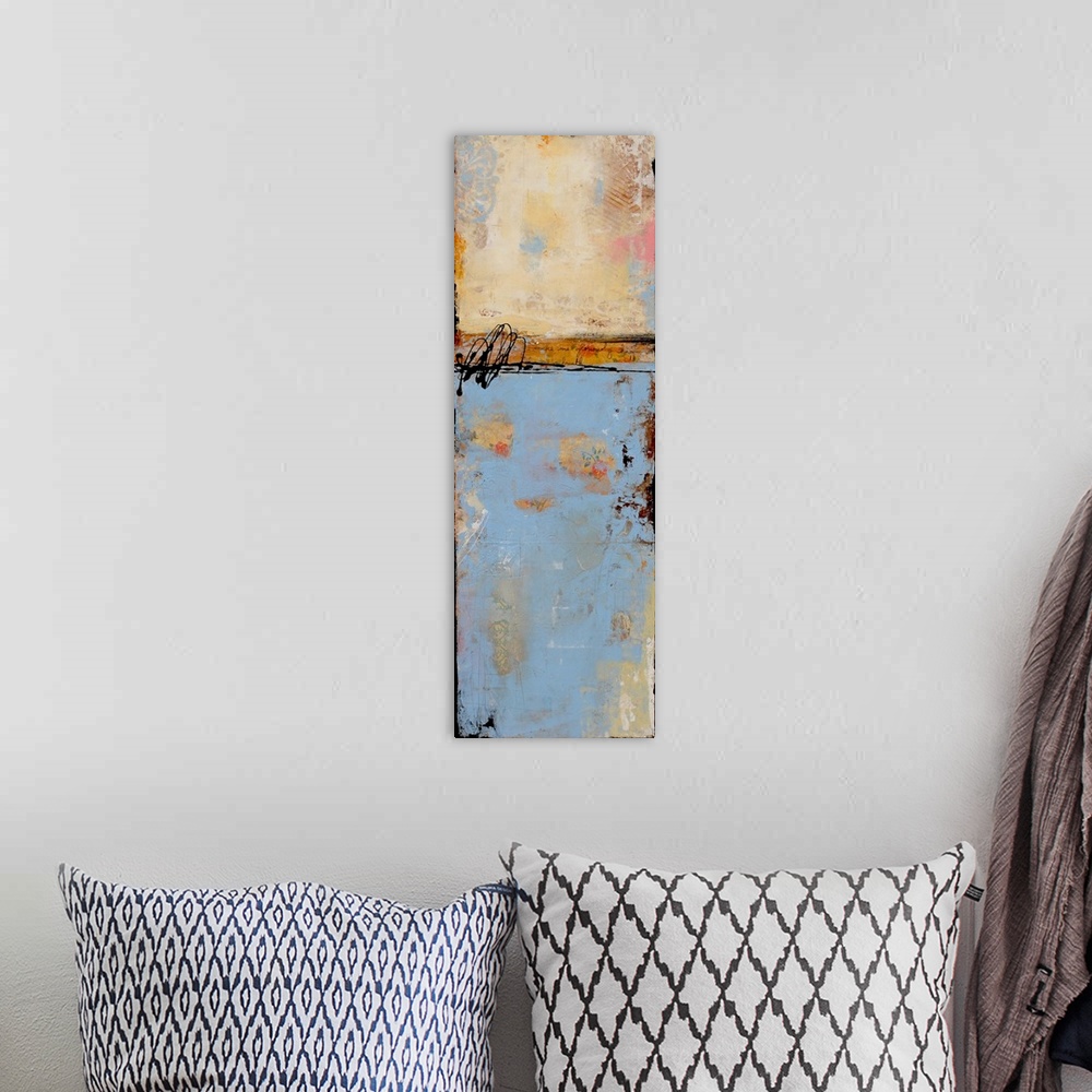 A bohemian room featuring A heavily textured abstract painting of three different painting styles and colors stacked on top...