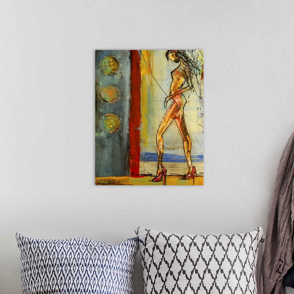 A bohemian room featuring Contemporary artwork of a tall slender woman in heels with different styles of art used to create...