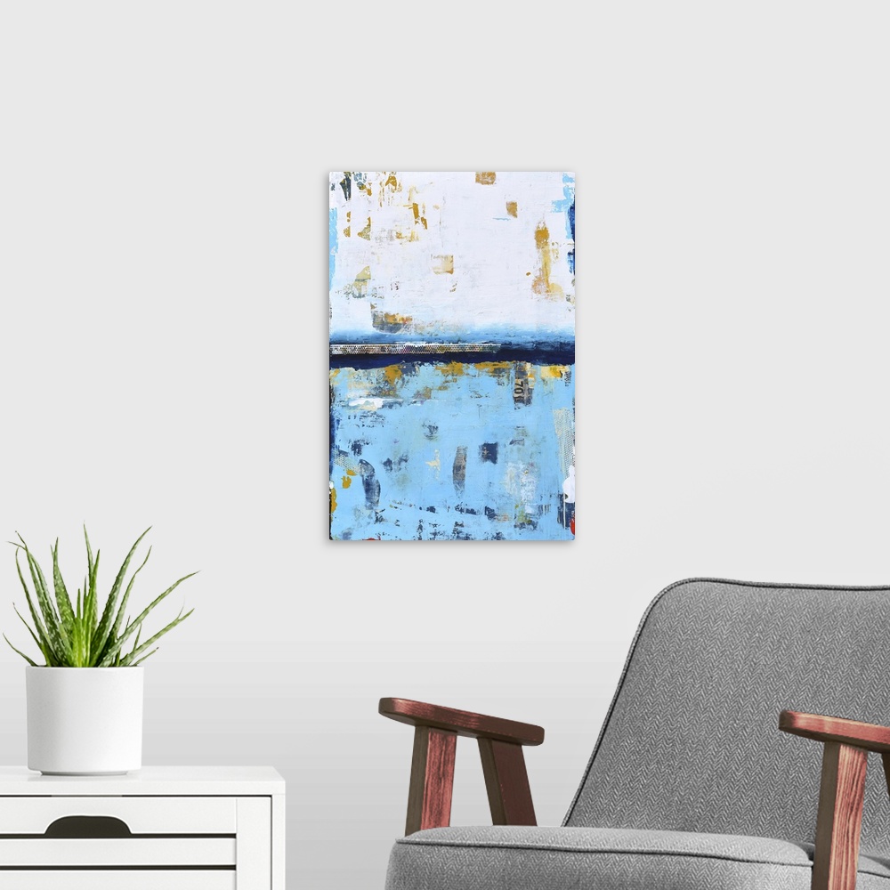 A modern room featuring A contemporary abstract painting using white and a pale blue meeting face to face.