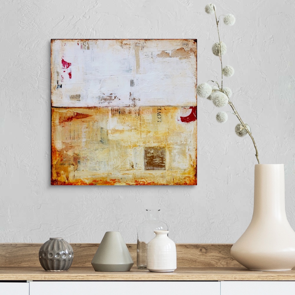 A farmhouse room featuring Square abstract art with layers of paint and textures in shades of white and yellow with pops of ...