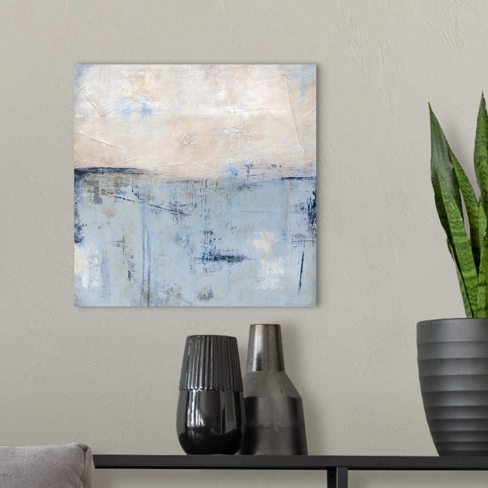 A modern room featuring Contemporary abstract painting in pale blue and white.