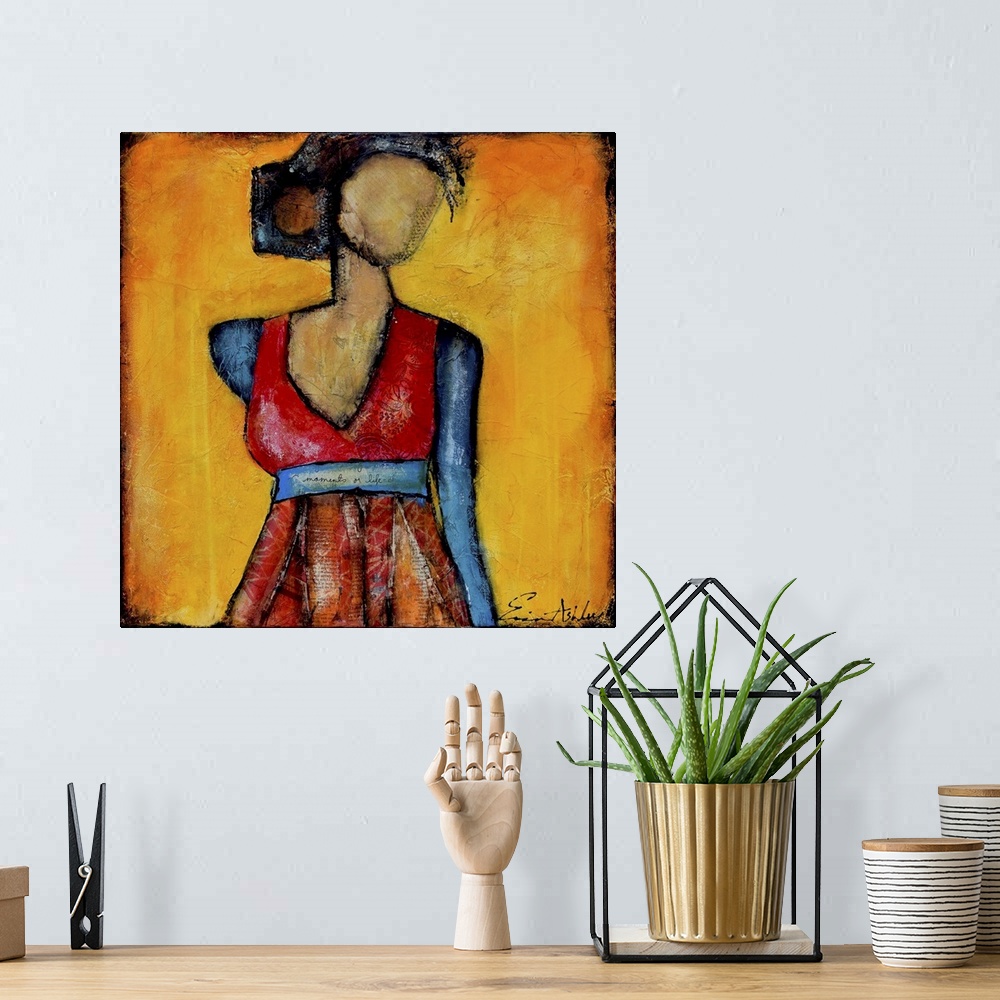 A bohemian room featuring Contemporary abstract painting of a female figure with a missing face.