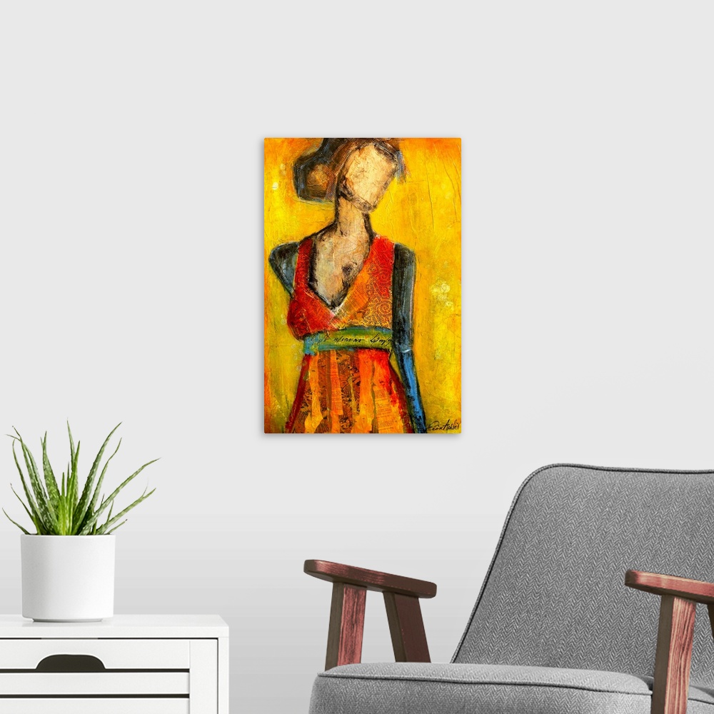 A modern room featuring Modern art piece featuing a faceless woman in a bright sun dress looking off into the distance. W...