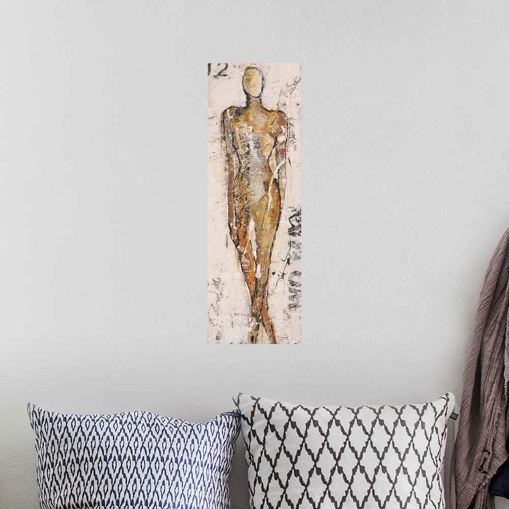 A bohemian room featuring Contemporary abstract painting of a figure in tan tone with stenciled numbers.