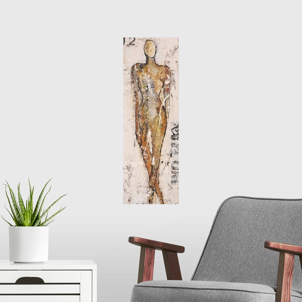 A modern room featuring Contemporary abstract painting of a figure in tan tone with stenciled numbers.
