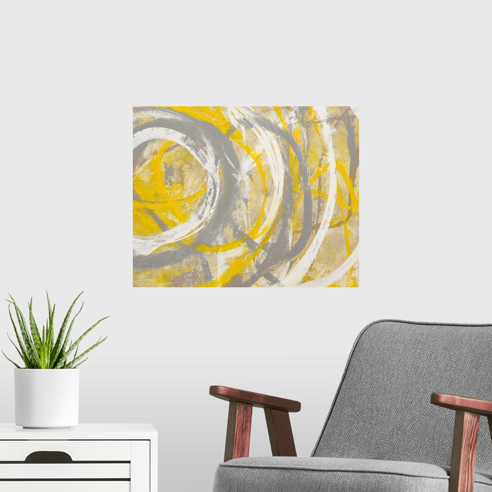 A modern room featuring Contemporary abstract painting using bright yellow and gray.