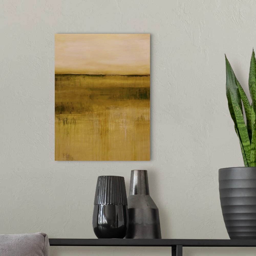 A modern room featuring Contemporary abstract painting using golden earth tones.