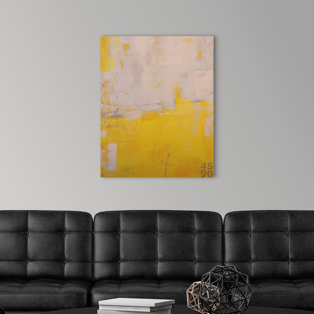 A modern room featuring Vertical abstract art work of contrasting paint colors dominating the painting.