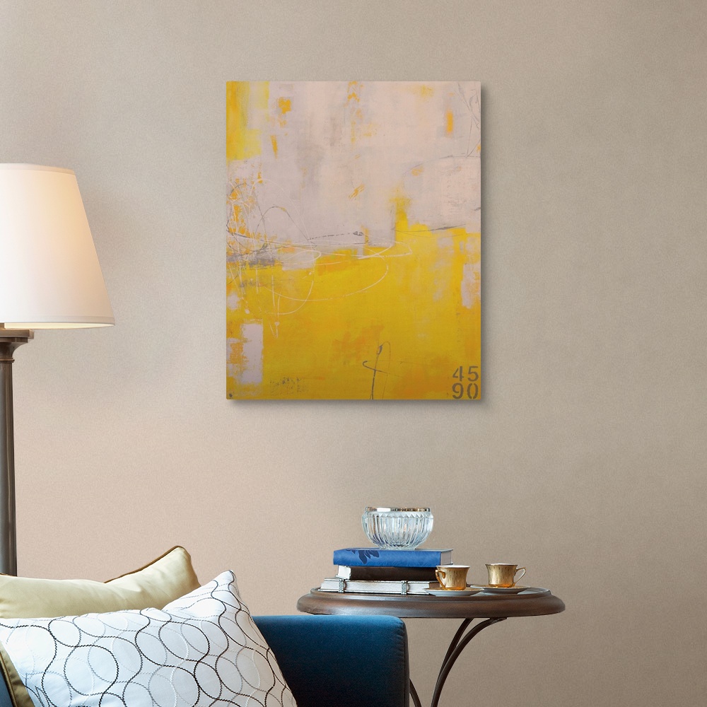 A traditional room featuring Vertical abstract art work of contrasting paint colors dominating the painting.