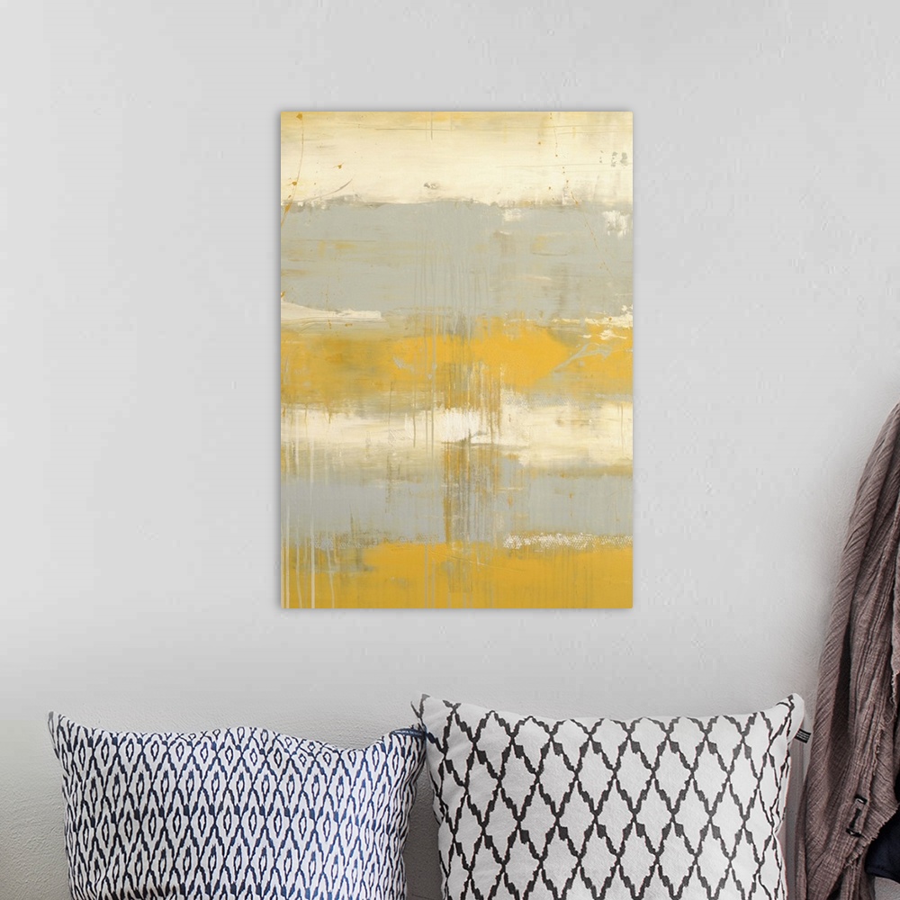 A bohemian room featuring Contemporary painting of a color-field of pale yellow and light gray.