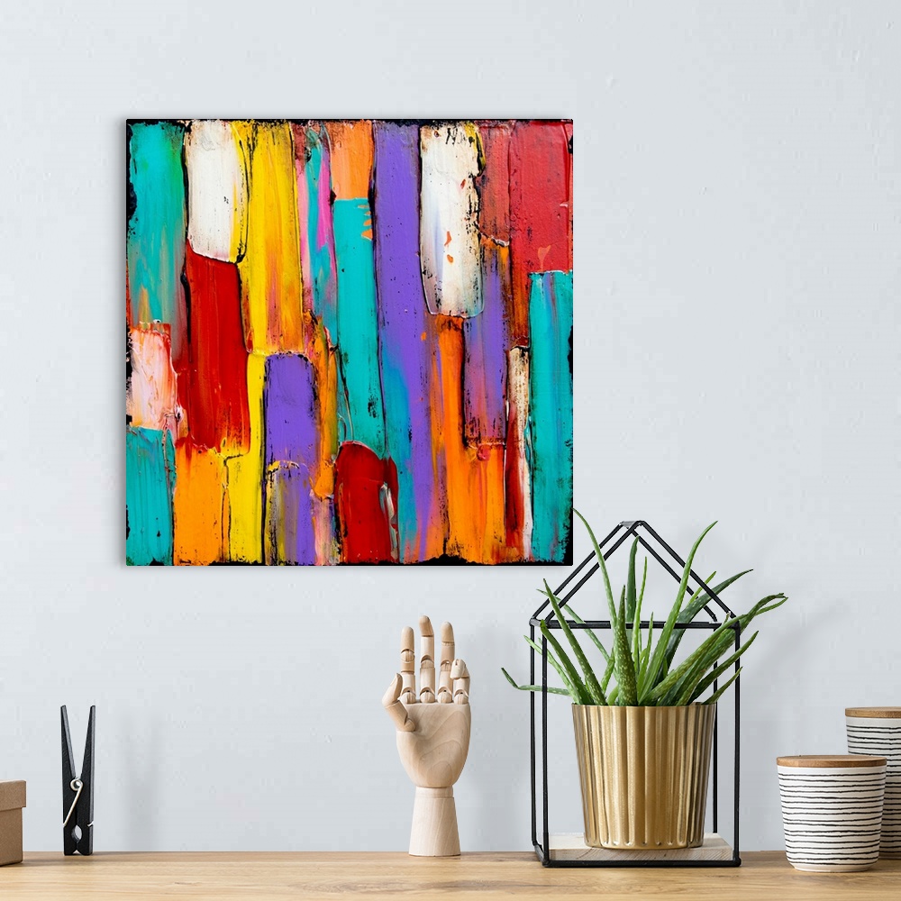 A bohemian room featuring Contemporary abstract painting with thick textured and layered brushstrokes running vertically do...