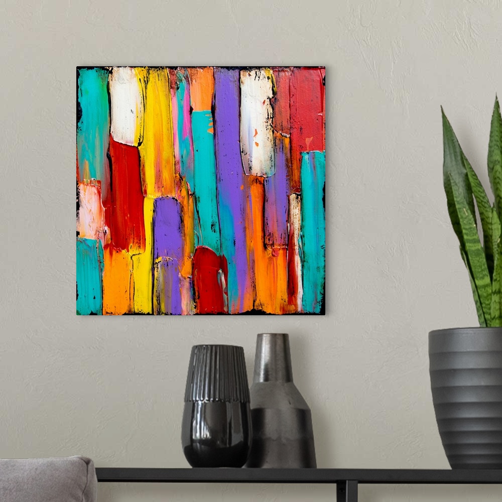 A modern room featuring Contemporary abstract painting with thick textured and layered brushstrokes running vertically do...