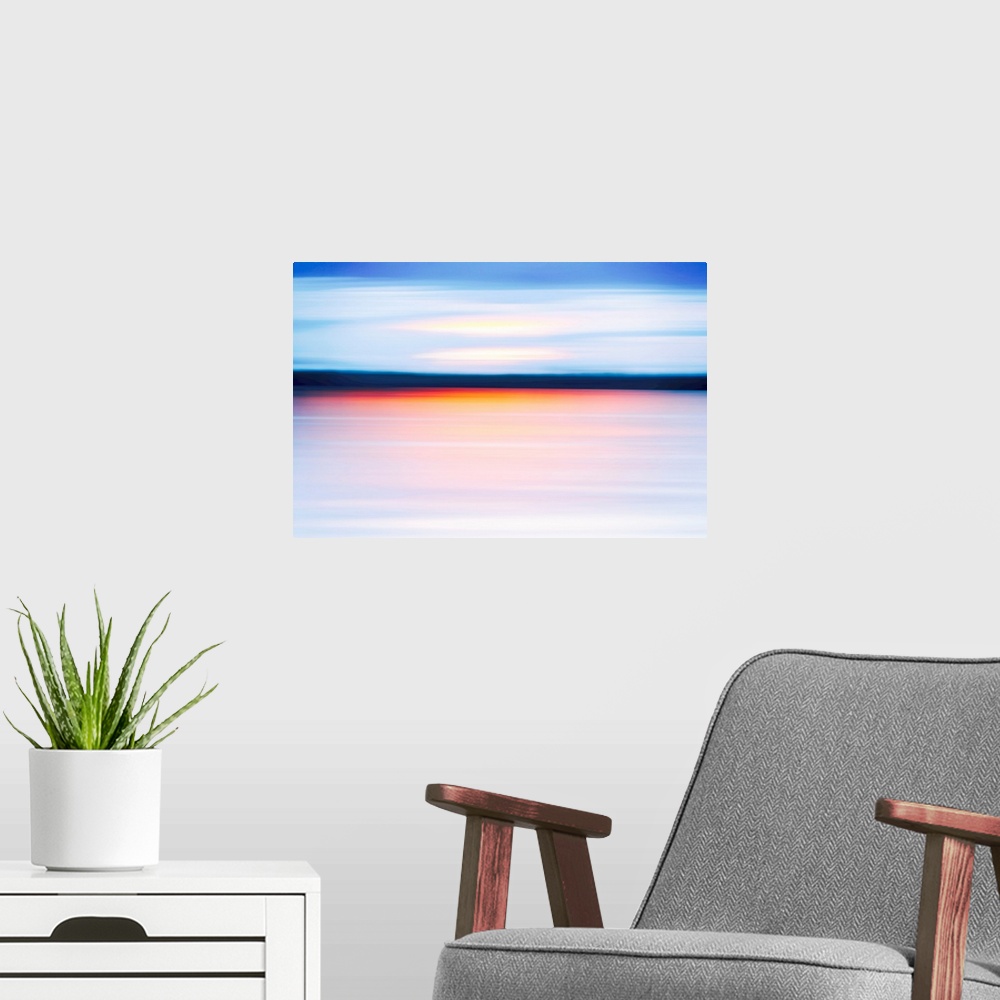 A modern room featuring Abstract of lake at sunset.