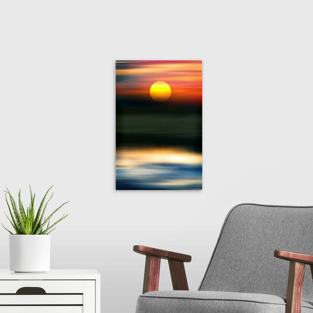 A modern room featuring Abstract of sun over water.