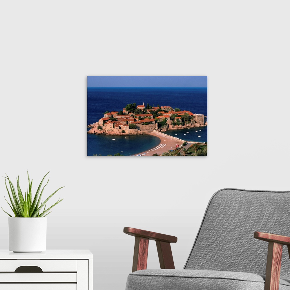 A modern room featuring Balkan, Adriatic sea coast....Republic of Montenegro....Near Budva....Island Sveti Stefan....(Sai...