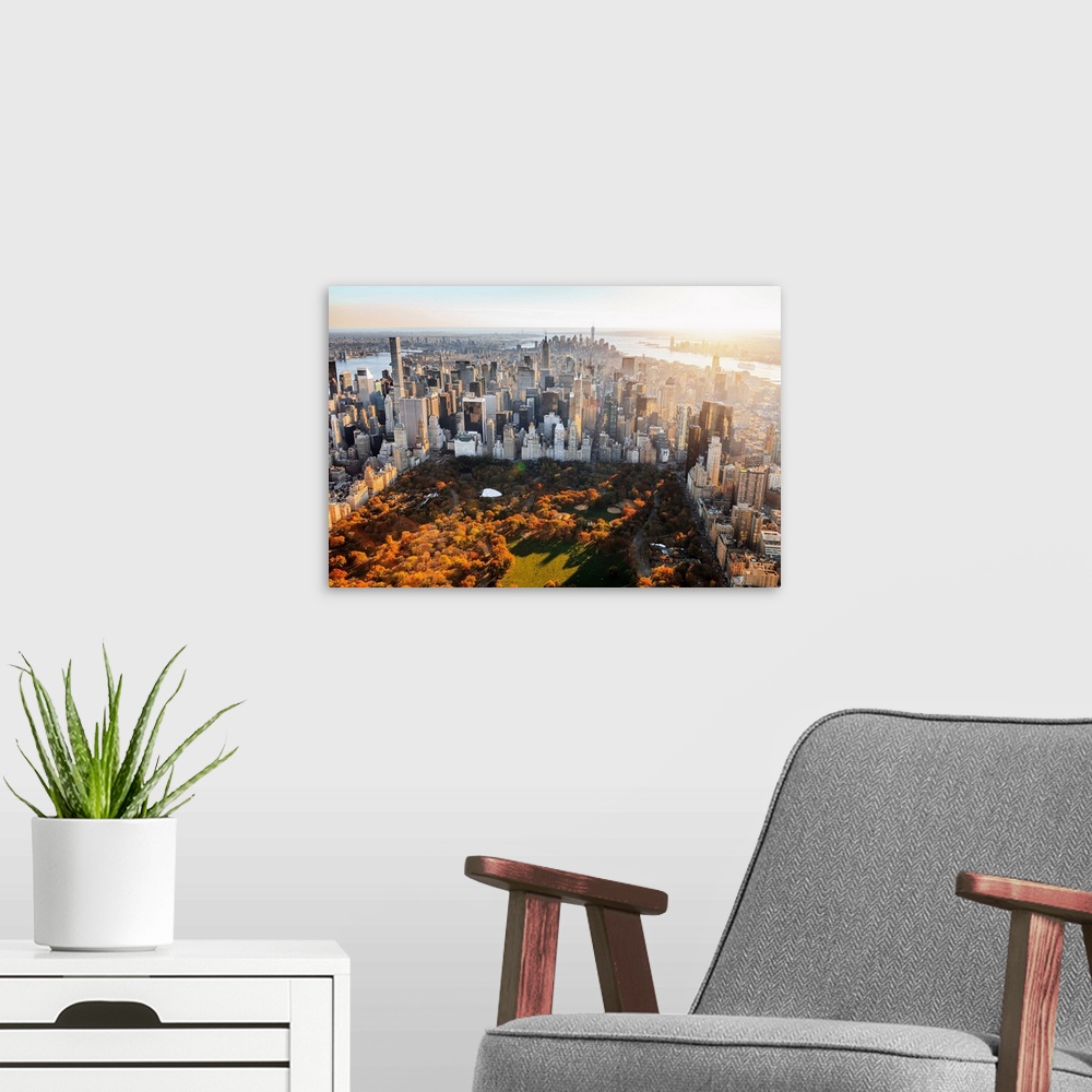A modern room featuring USA, New York City, Manhattan, Aerial view towards Central Park with foliage, Empire State Buildi...