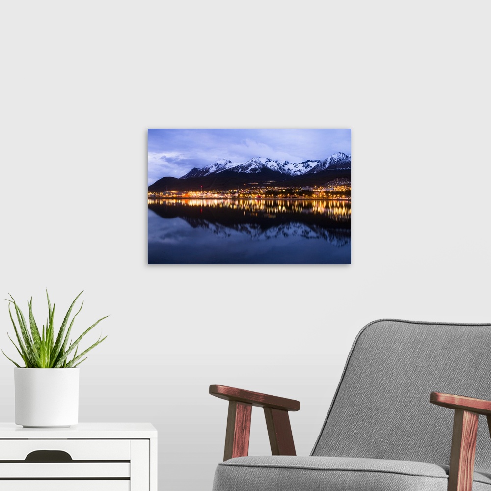 A modern room featuring Argentina, Tierra del Fuego, Ushuaia, Patagonia, Andes, The harbor during the night.