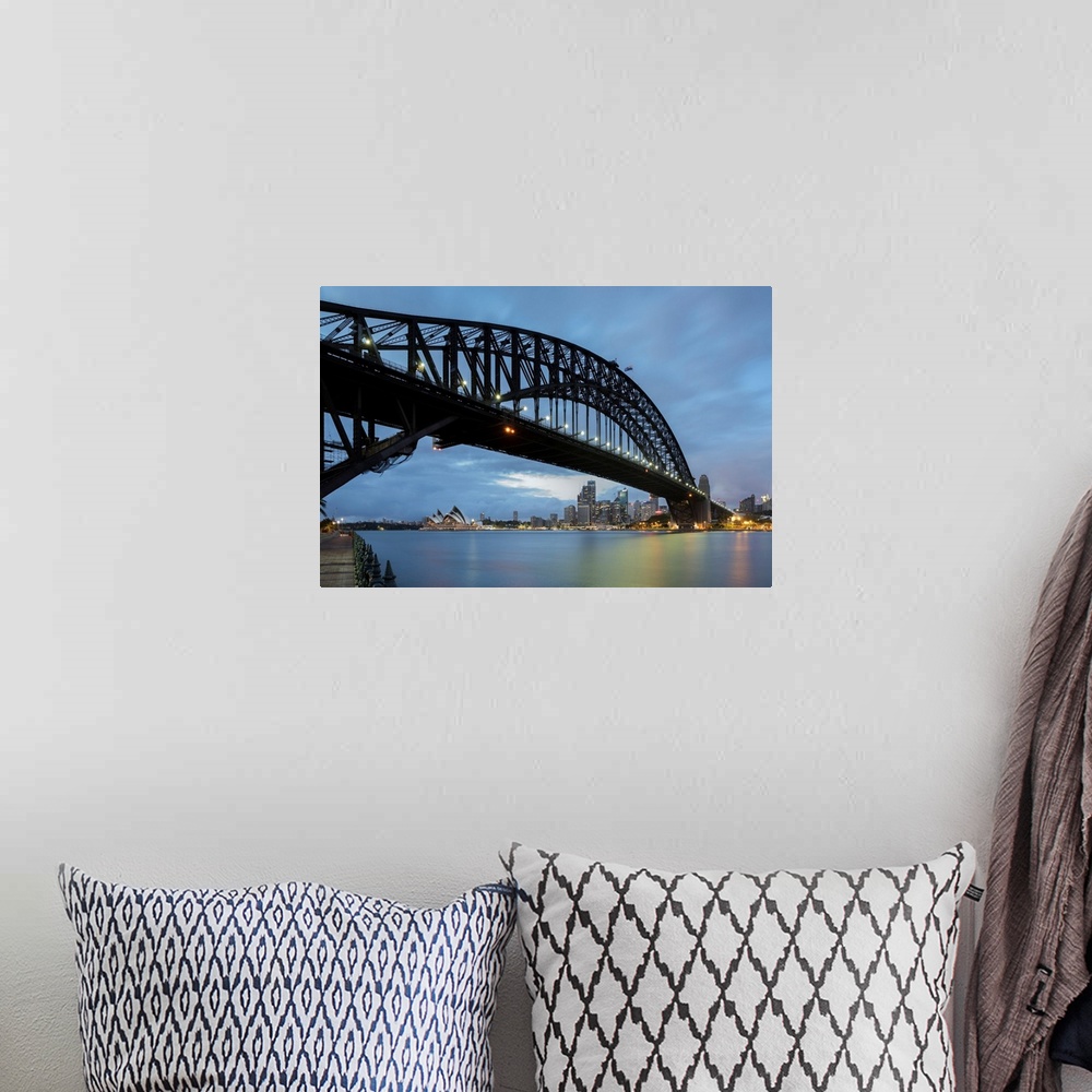 A bohemian room featuring Australia, New South Wales, Sydney, Sydney Harbor Bridge, The famous bridge at dawn, view with th...