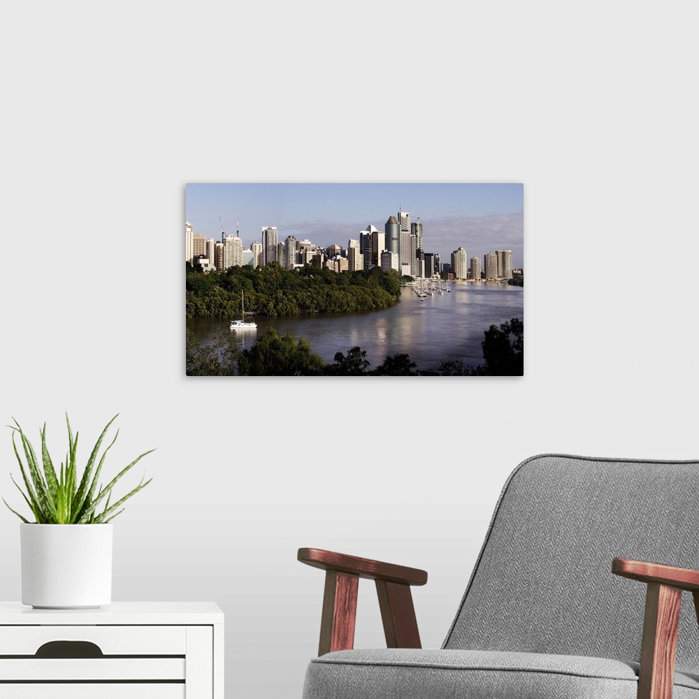 A modern room featuring Australia, Queensland, Brisbane, View of the city's skyline and the Brisbane river from Kangaroo ...