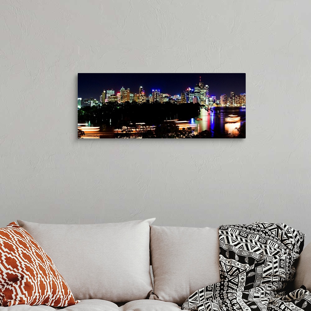 A bohemian room featuring Australia, Queensland, Brisbane, Night view of the city's skyline and the river
