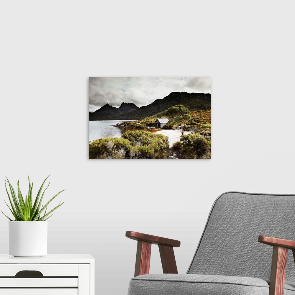 A modern room featuring Australia, Tasmania, Cradle Mountain and a boat shelter on Dove Lake