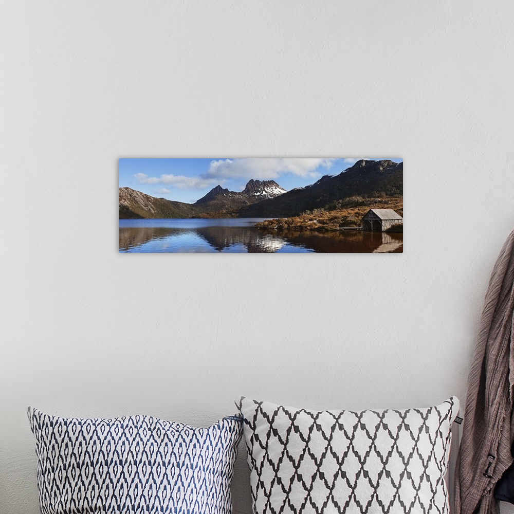 A bohemian room featuring Australia, Tasmania, Cradle Mountain, boat shelter on the Dove Lake