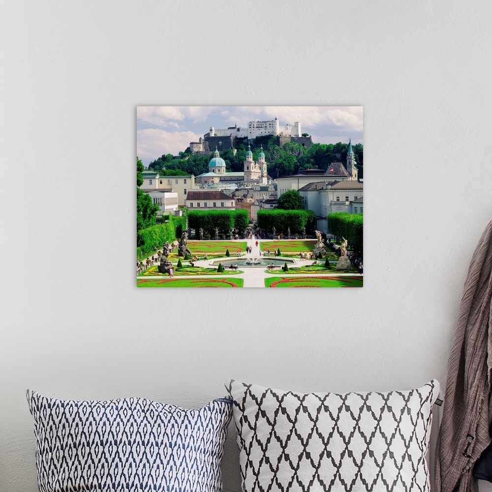 A bohemian room featuring Austria, Salzburg, Mirabell Castle, view of the park towards Hohensalzburg Fortress