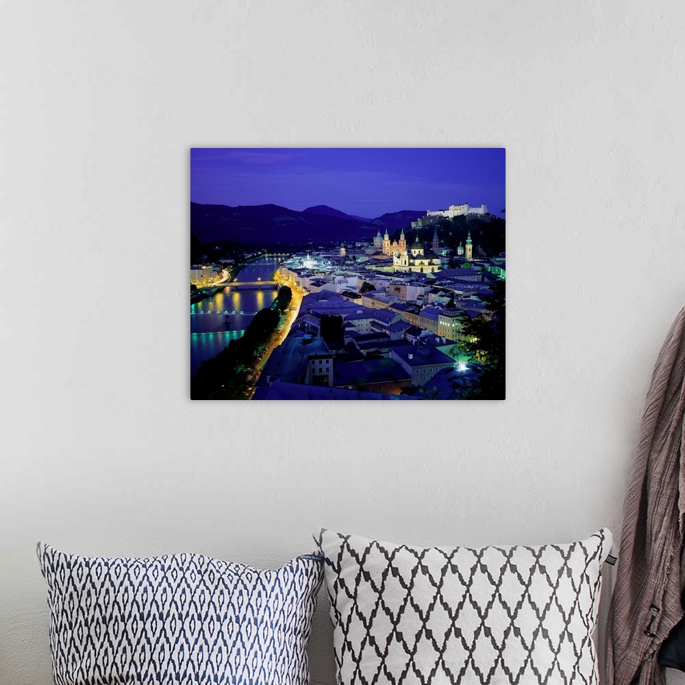 A bohemian room featuring Austria, Salzburg, Night view on Salzach river and old town