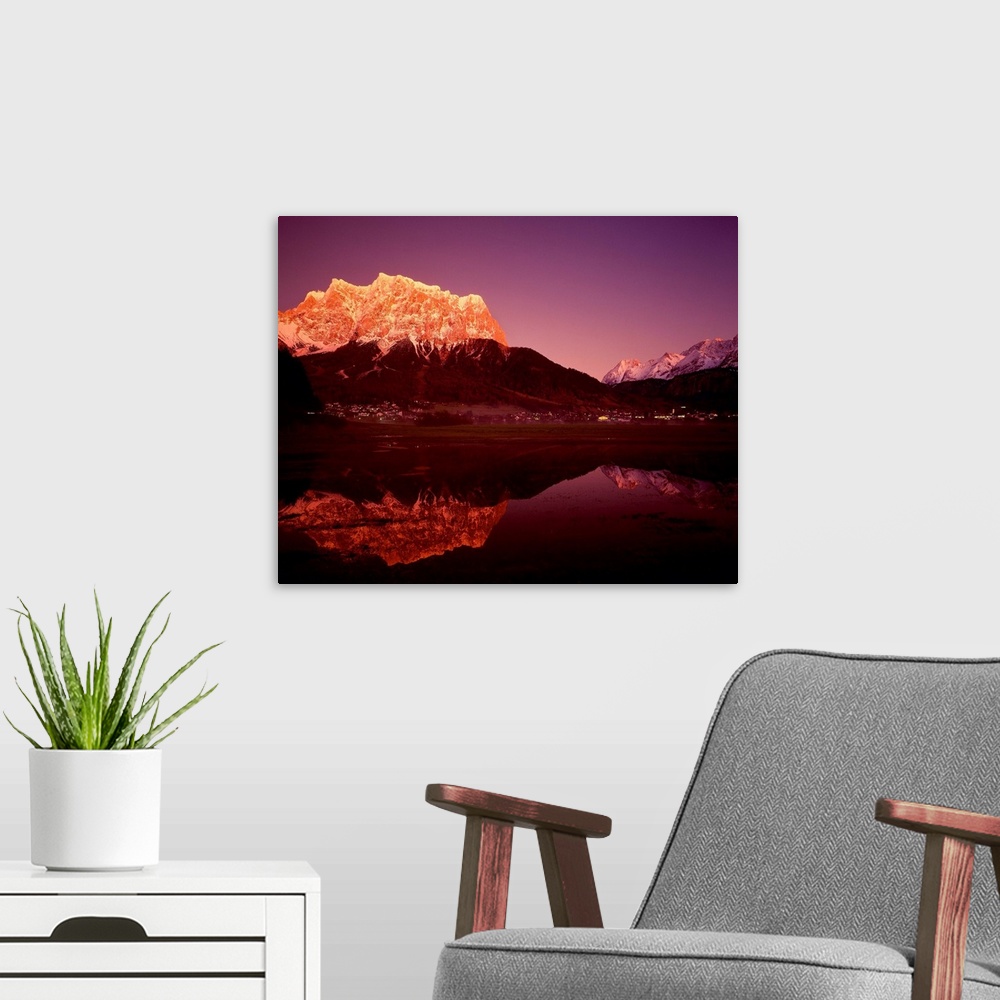 A modern room featuring Austria, Tyrol, View towards Zugspitze mountain from Ehrwald village