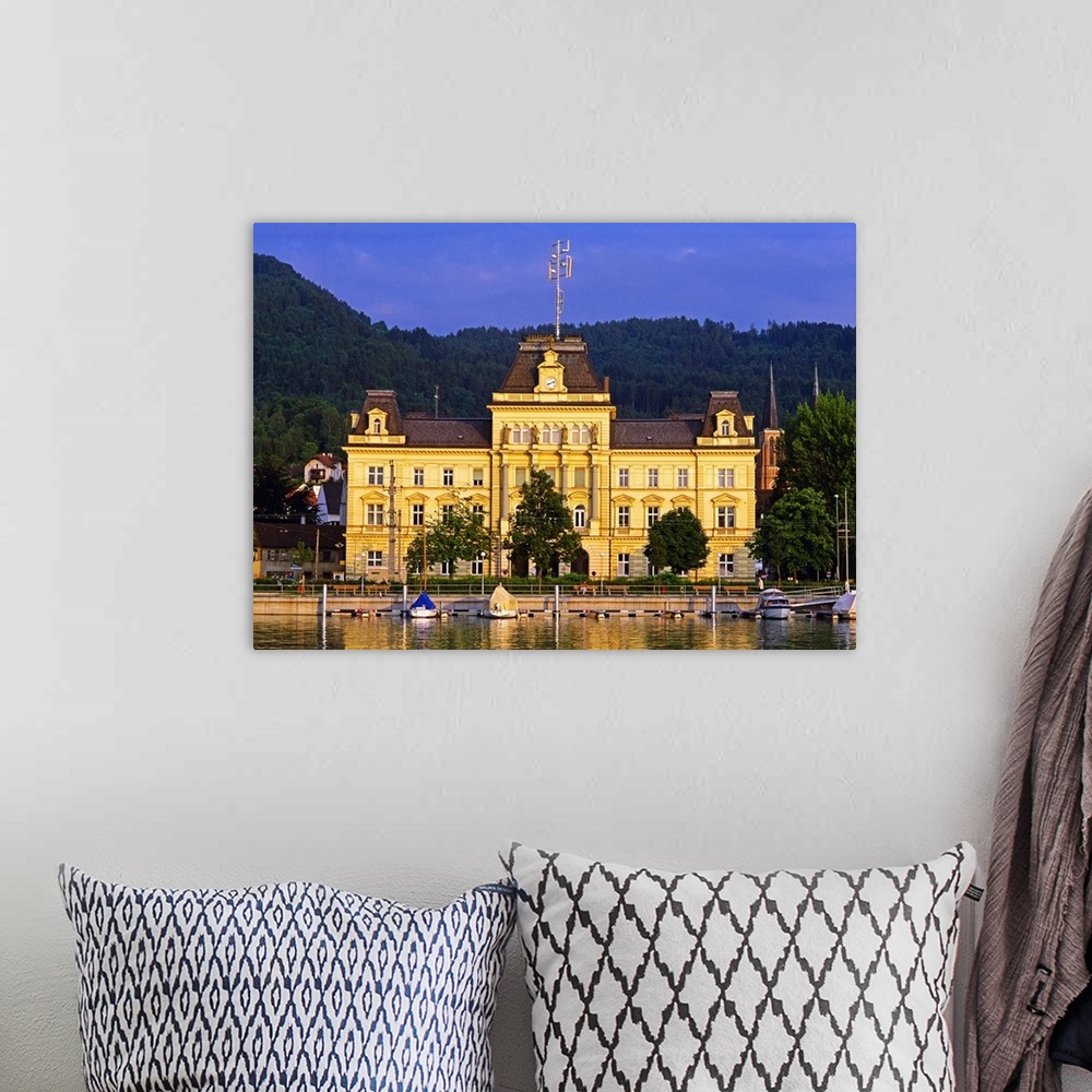 A bohemian room featuring Austria, Vorarlberg, Bregenz, Central Europe, View of the Post Building