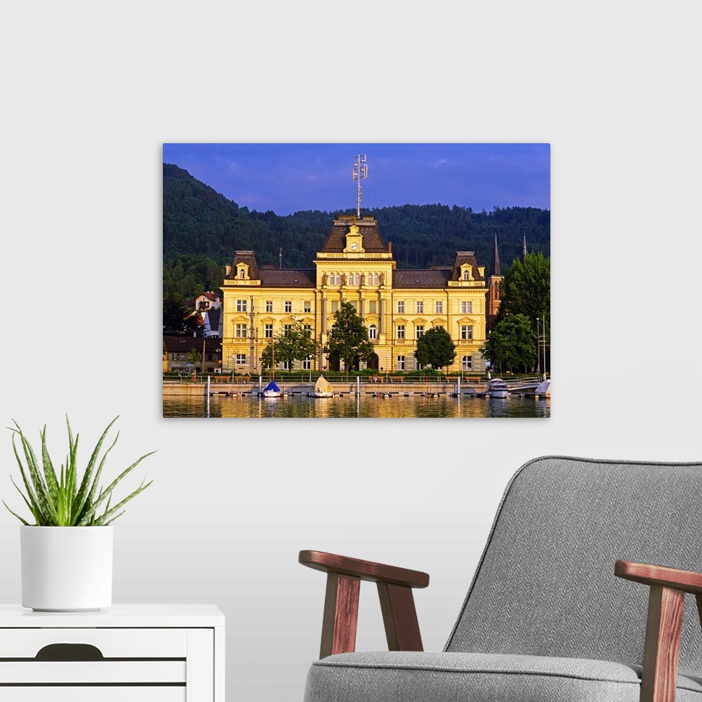 A modern room featuring Austria, Vorarlberg, Bregenz, Central Europe, View of the Post Building