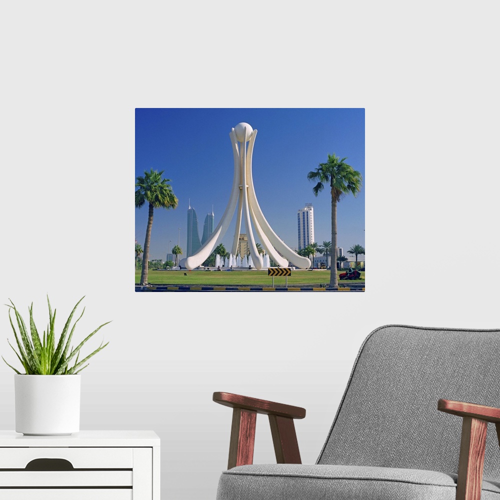 A modern room featuring Bahrain, Al-Bahrayn, Middle East, Gulf Countries, Arabian peninsula, Manama, Pearl Monument