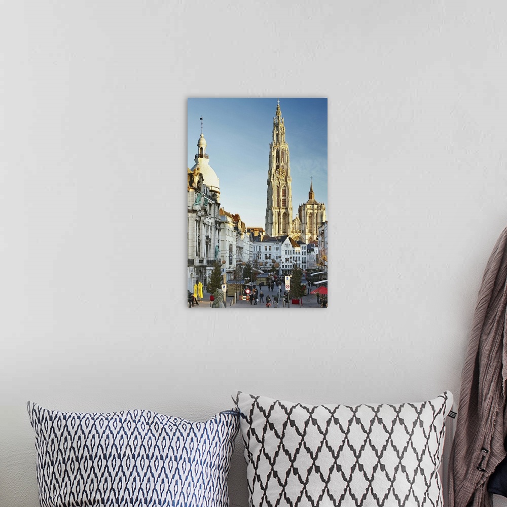 A bohemian room featuring Belgium, Flanders, Benelux, Antwerp, Suikerrui street and Cathedral of Our Lady (Onze-Lieve-Vrouw...