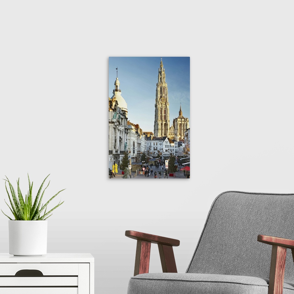 A modern room featuring Belgium, Flanders, Benelux, Antwerp, Suikerrui street and Cathedral of Our Lady (Onze-Lieve-Vrouw...