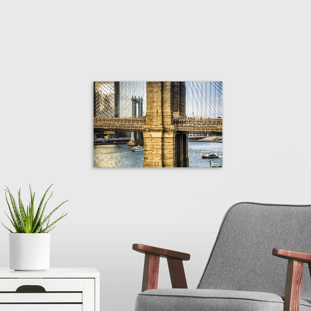 A modern room featuring USA, New York City, Brooklyn, Detail of Brooklyn Bridge and Manhattan Bridge in background