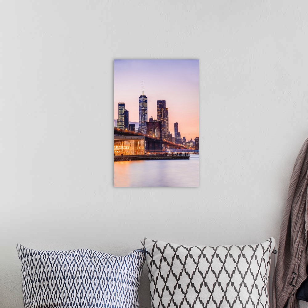 A bohemian room featuring USA, New York City, Brooklyn, Dumbo, Brooklyn Bridge Park, View of Lower Manhattan skyline with t...