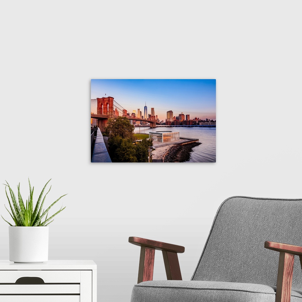 A modern room featuring USA, New York City, Brooklyn, Dumbo, Brooklyn Bridge Park, View of Lower Manhattan skyline with t...