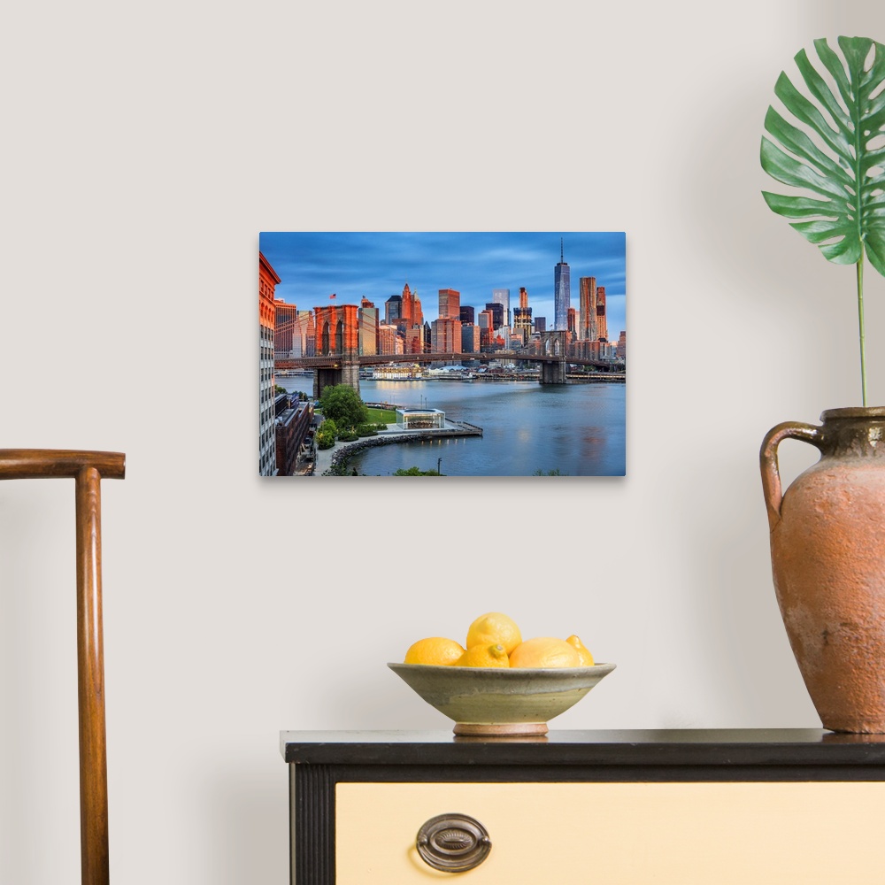 A traditional room featuring USA, New York City, Brooklyn, East River, Dumbo, Brooklyn Bridge, View of the Lower Manhattan and...